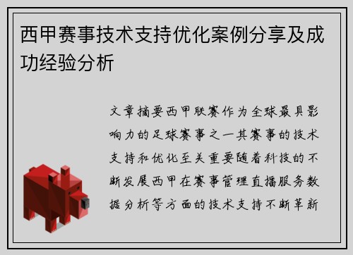 西甲赛事技术支持优化案例分享及成功经验分析